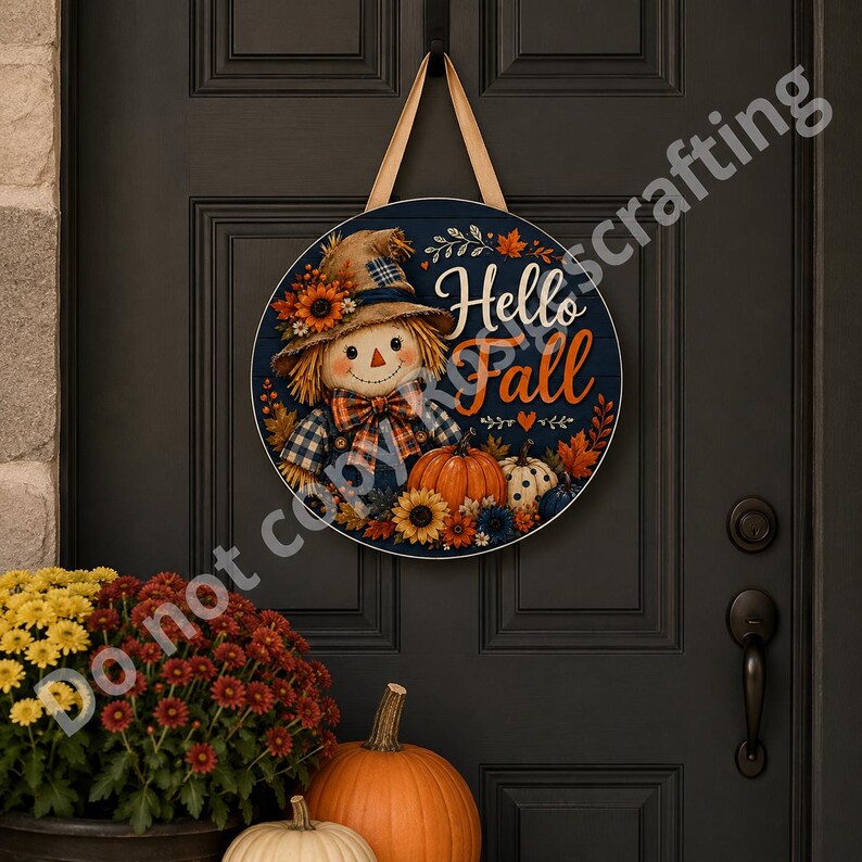 Round seasonal door hanger design with Hello Fall message, scarecrow, pumpkins, and rustic autumn details.