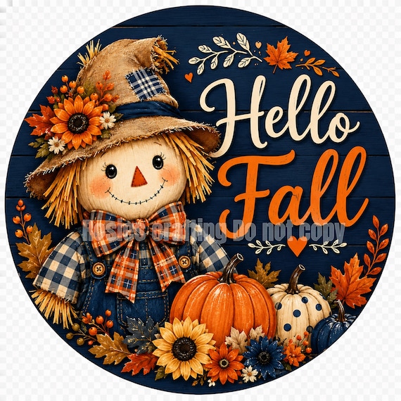 Hello Fall Scarecrow Wreath Sign, Pumpkin Door Hanger, Autumn Farmhouse Porch Decor, Thanksgiving Fall Wall Art, Harvest Welcome Decor Round