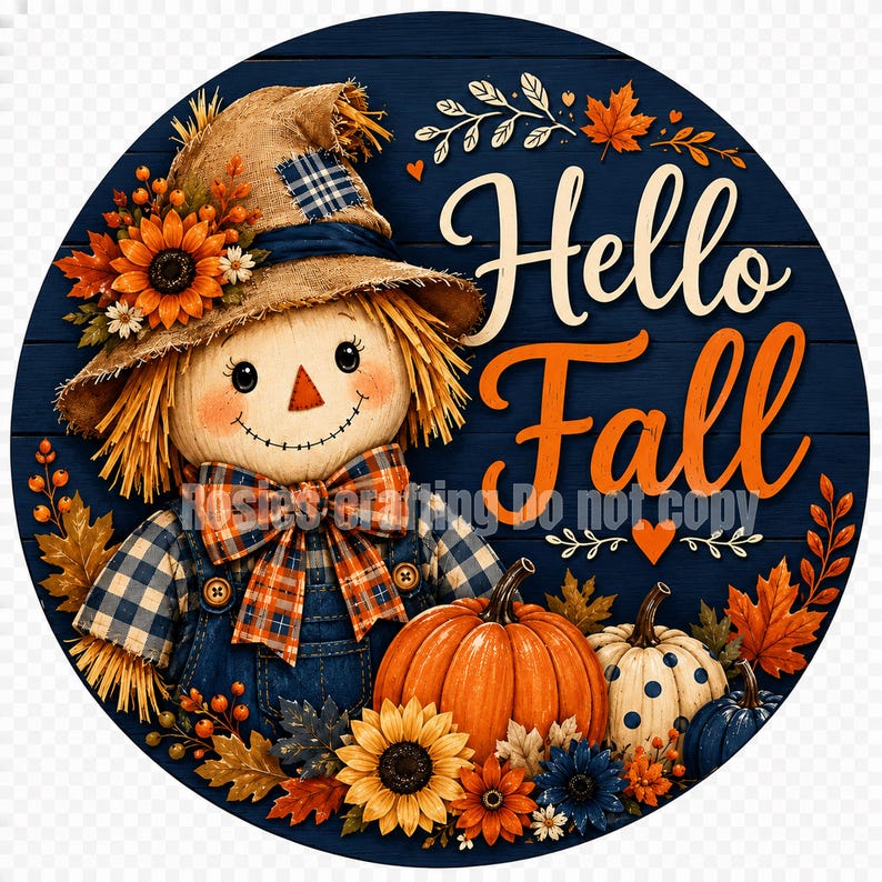 Round Hello Fall scarecrow wreath sign with pumpkins, sunflowers, autumn leaves, and navy blue background.