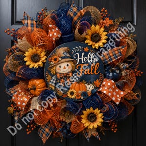 Hello Fall farmhouse sign with harvest pumpkins, straw scarecrow, blue gingham shirt, and orange florals.