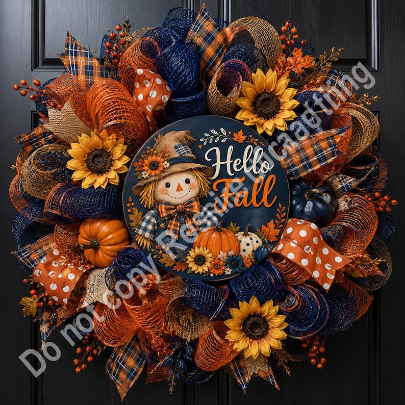 Hello Fall farmhouse sign with harvest pumpkins, straw scarecrow, blue gingham shirt, and orange florals.