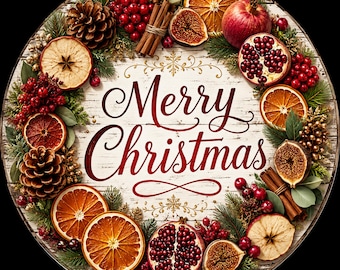 Merry Christmas Wreath Sign, Dried Orange Holiday Decor, Pomegranate Pinecone Winter Door Hanger, Rustic Natural Christmas Sign Holiday Door