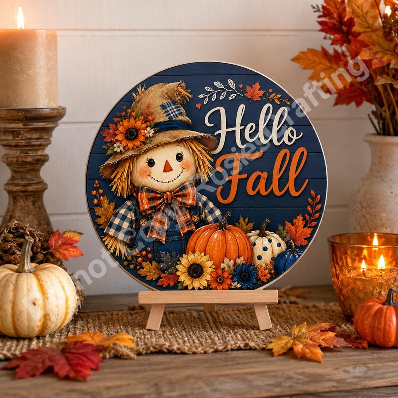 Rustic autumn wall art showing smiling scarecrow, pumpkin patch accents, sunflowers, and fall foliage.