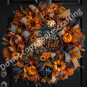 Cozy fall wreath center sign featuring scarecrow face, pumpkin decorations, sunflowers, and fall foliage.