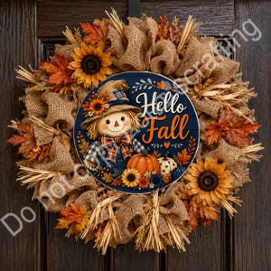 Hello Fall pumpkin door hanger design with cute scarecrow, orange lettering, and harvest floral accents.