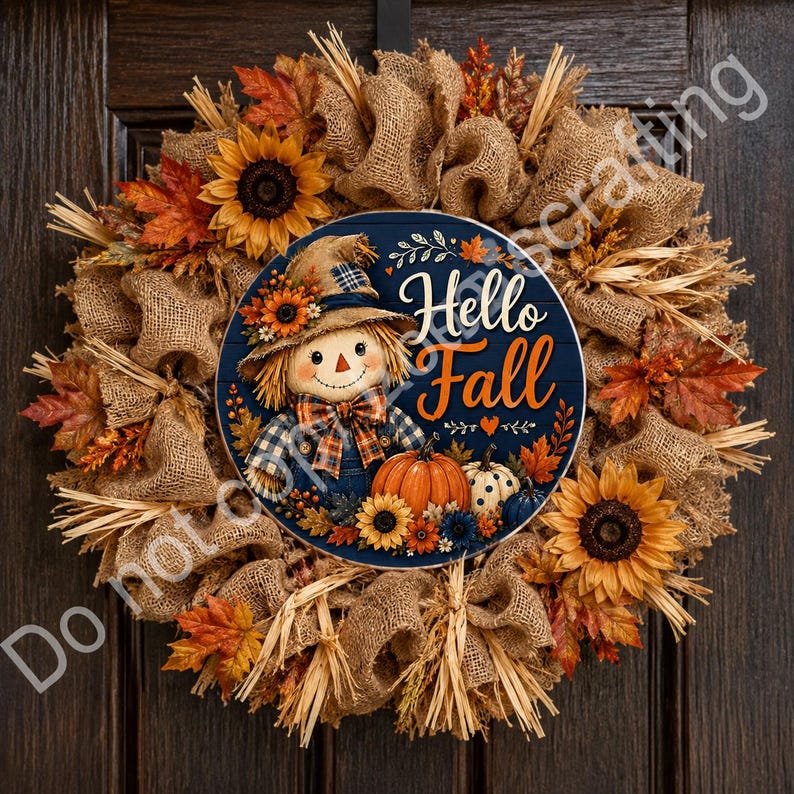 Hello Fall pumpkin door hanger design with cute scarecrow, orange lettering, and harvest floral accents.