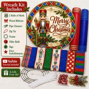 Nutcracker Christmas Wreath Kit, Traditional Red Green Blue Gold DIY Holiday Door Decor Craft Supply, Merry Christmas Sign and Ribbon Bundle