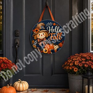 Thanksgiving harvest welcome sign with scarecrow, pumpkins, sunflowers, navy background, and fall leaves.