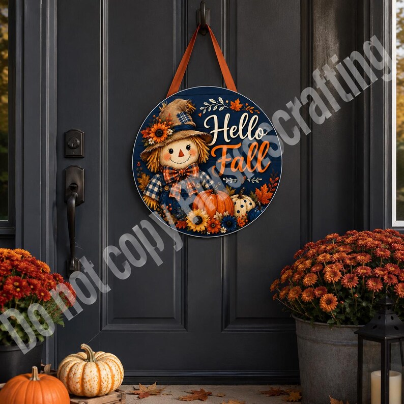 Thanksgiving harvest welcome sign with scarecrow, pumpkins, sunflowers, navy background, and fall leaves.