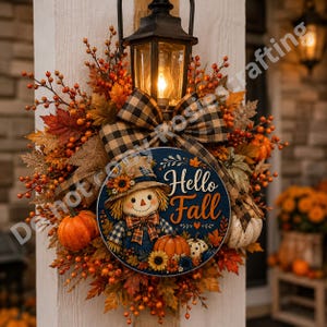 Decorative fall wreath sign with scarecrow, pumpkins, flowers, berries, leaves, and cozy Thanksgiving style.