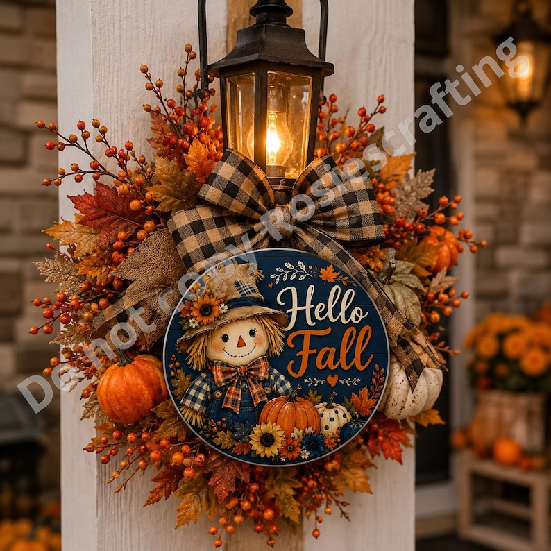 Decorative fall wreath sign with scarecrow, pumpkins, flowers, berries, leaves, and cozy Thanksgiving style.