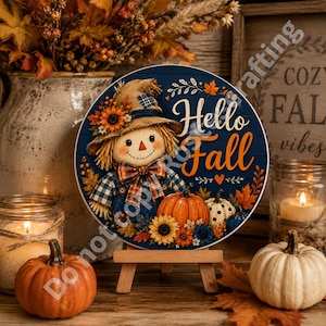 Cute pumpkin scarecrow sign for fall wreaths, porch displays, wall decor, and farmhouse autumn decorating.