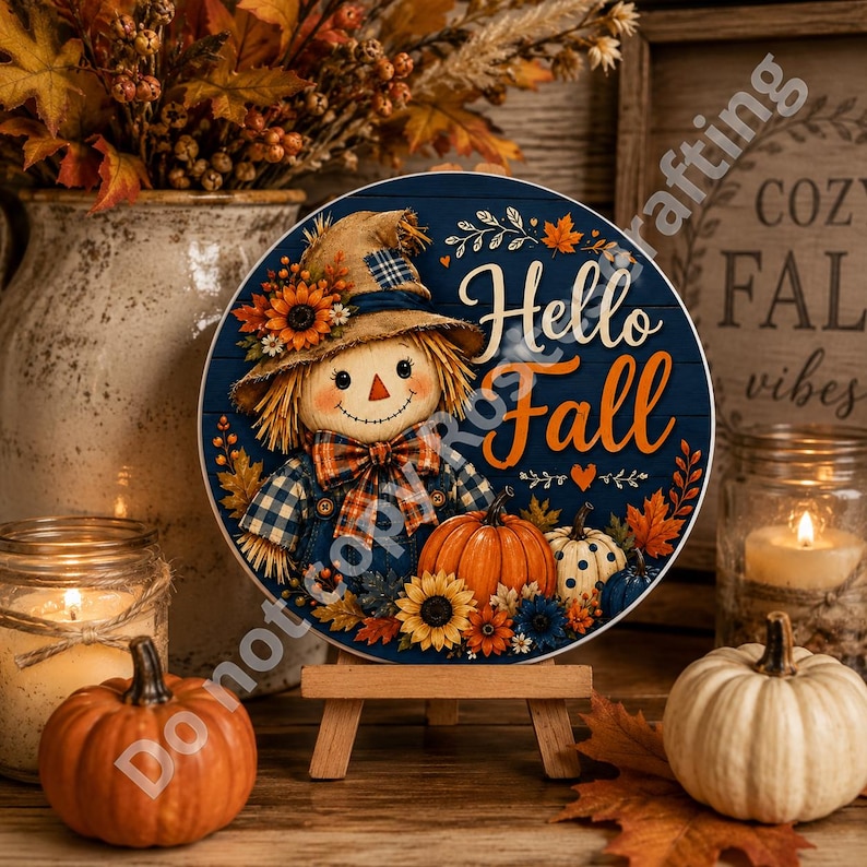 Cute pumpkin scarecrow sign for fall wreaths, porch displays, wall decor, and farmhouse autumn decorating.