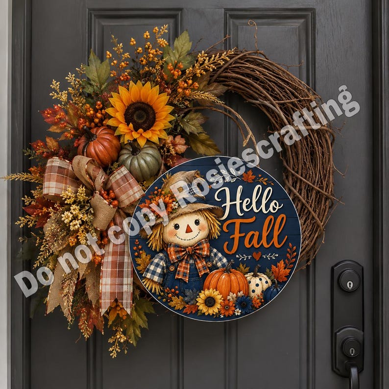 Round autumn door decor with cheerful scarecrow, plaid details, pumpkins, leaves, and seasonal flowers.