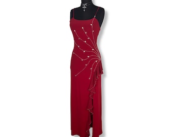 Vintage Red Beaded Evening Gown: Y2K Latin Dance Slit Maxi Dress