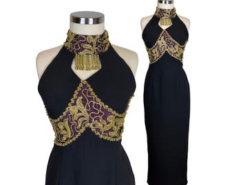 black and gold shift dress Nina Halter Cowl Neck Gown | Plunging Backless Maxi Dress with Thigh Slit |  Formal Evening Cocktail Wedding Guest Prom Dress
