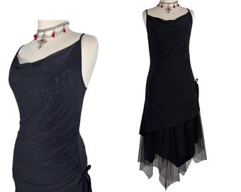 Vintage Black Y2K Evening Dress: Beaded Asymmetrical Midi Gown
