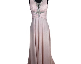 Vintage Pink Glitter Beaded Evening Gown Full Rhinestone Front Sparkle Maxi Prom Dress