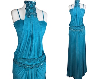 Vintage Türkis Perlen Neckholder Kleid Y2K Meerjungfrauen Kleid Aqua Blaues Abendkleid Backfreies Maxi Kleid 2000er Jahre Glam Abendkleid