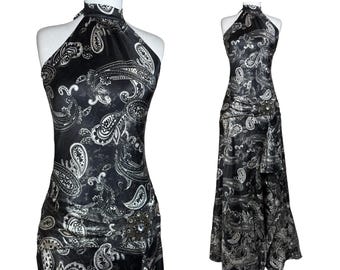 Vintage Y2K Paisley Halter Maxi Dress Black Silver Satin Slip Dress Rhinestone Brooch Gothic Evening Prom Dress Festival Gown