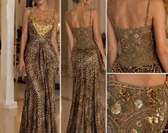 Vintage Leopard Beaded Evening Gown: Y2K Jungle Glam Maxi Dress