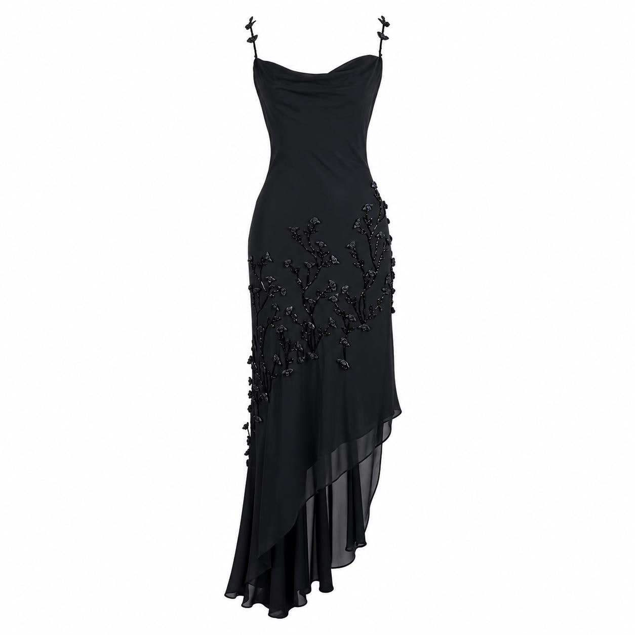 Vintage Black Beaded Rose Gown, Asymmetrical Chiffon Hem, Size M