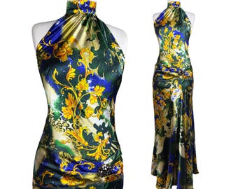 Vintage Baroque Halter Dress Satin Maxi Gown Y2K Printed Evening Dress Blue Green Gold Formal Dress Glamorous Maxi Dress