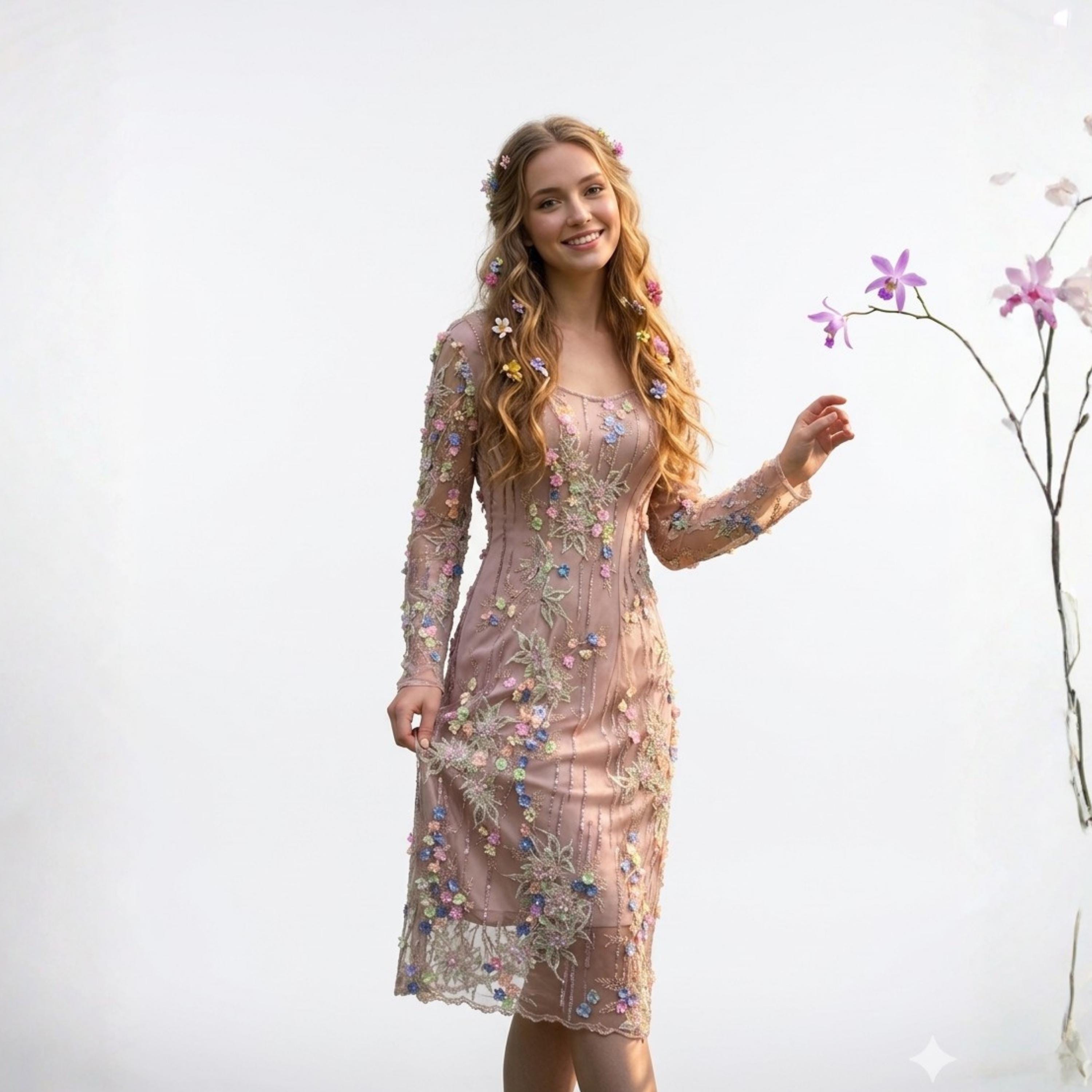 pastel nude dress AIYANA This intricately crafted dress weaves pastel and nude shades of pink  to symbolize love and purity. Inspired by nature and artistry, it features  a unique peacock feather design enclaved in hexagon