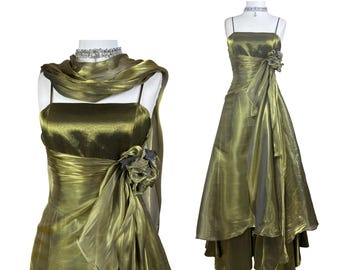 Vintage Olive Green Prom Dress Y2K Metallic Ball Gown Fairycore Formal Dress Satin Maxi Evening Gown With Matching Shawl