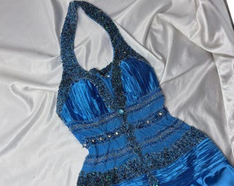 Vintage Blue Halter Prom Dress Beaded Corset Gown Y2K Evening Dress Sheer Waist Formal Dress Embellished Maxi Pageant Dress