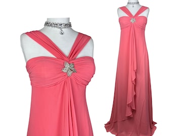 Y2K Coral Pink Chiffon Maxi Dress: Draped Gown with Rhinestone Brooch Detail
