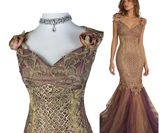 Vintage Couture Mermaid Gown Gold Embroidered Purple Tulle Dress 3D Floral Evening Gown Fairycore Formal Dress