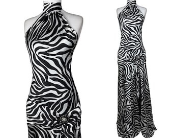 Vintage Y2K Zebra Print Halter Maxi Dress Black White Satin Look Mermaid Gown Animal Print Prom Evening Dress Glam 2000s