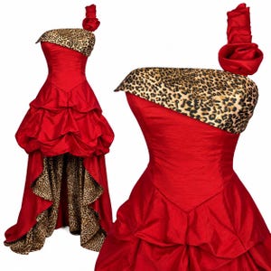 Vestido de fiesta vintage rojo con estampado de leopardo, vestido de tafetán de un solo hombro, vestido de noche asimétrico con volantes, vestido formal llamativo de los años 80 y 90