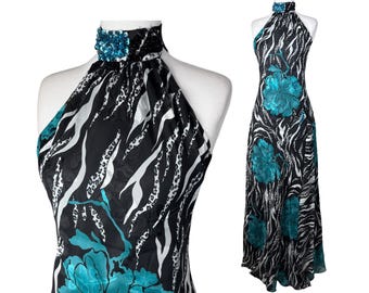 Vintage Y2K Halter Maxi Dress Turquoise Floral Zebra Print Beaded Evening Gown Resort Formal Dress Pageant Dress