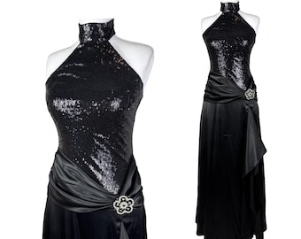 Robe longue dos nu noire à sequins vintage : robe de soirée en satin de l'an 2000, style hollywoodien