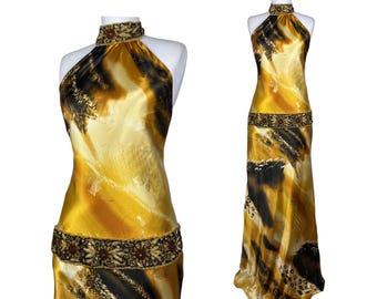 Vintage goud satijnen halterjurk dierenprint maxi-jurk kralen kraag jurk Y2K avondjurk luipaard formele jurk L