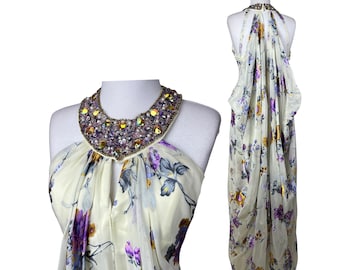 Vintage Floral Chiffon Goddess Dress Beaded Halter Maxi Gown Y2K Fairycore Draped Evening Dress Romantic Boho Formal Dress