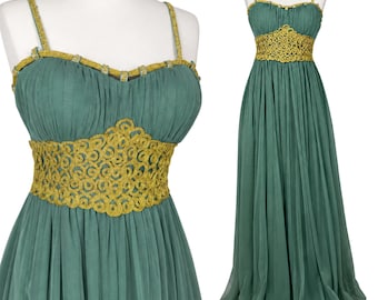 Vintage Sage Green Chiffon Evening Dress with Gold Lace Waist – Fairycore Prom Gown