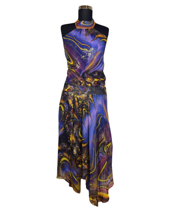 Vintage Purple Chiffon Halter Dress: Y2K Abstract Swirl Gown