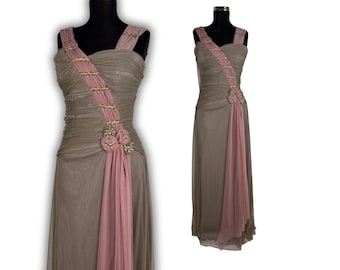 Vestido de noche griego vintage con cuentas • Vestido largo de malla drapeada rosa topo • Vestido fruncido de un solo hombro