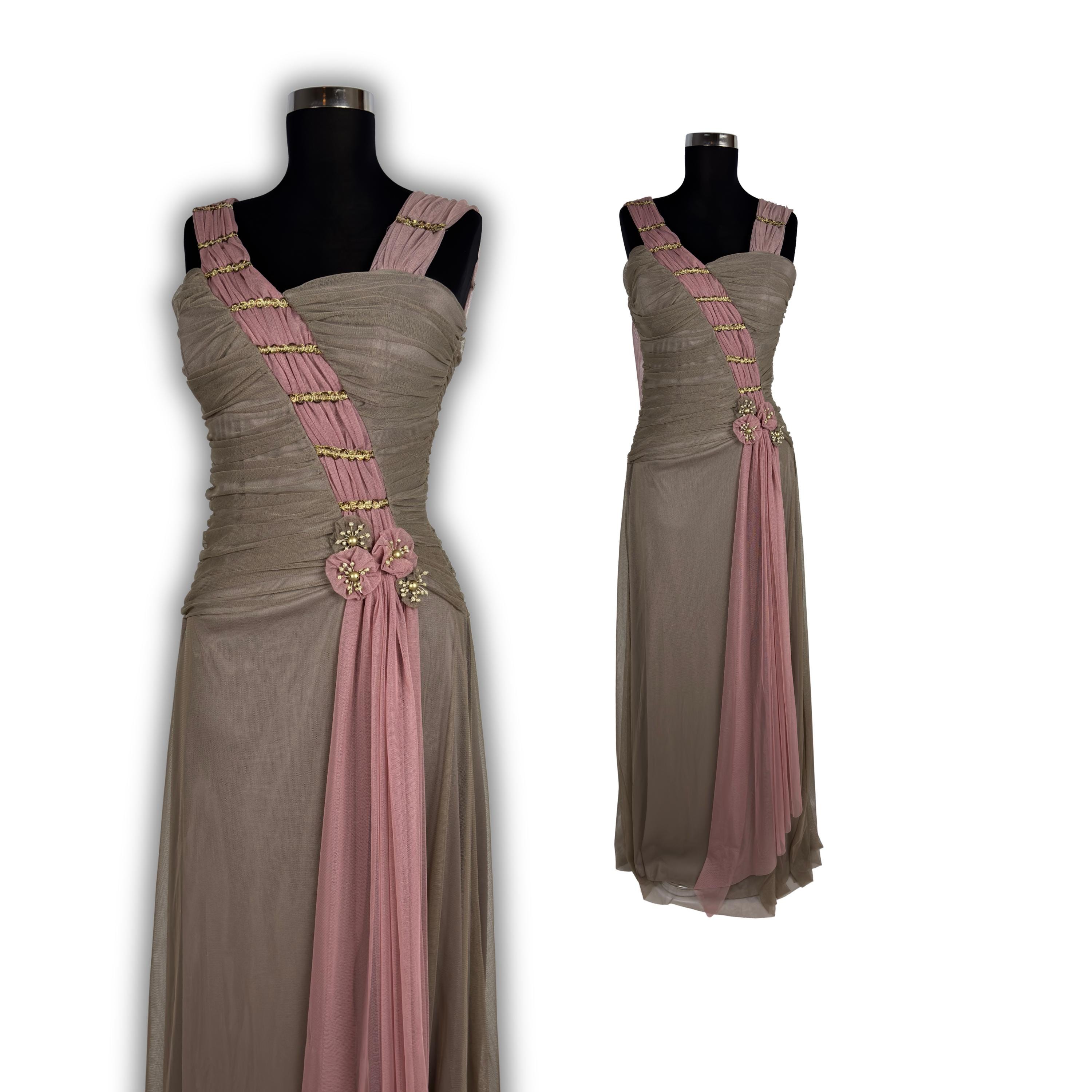 Vintage Grecian Beaded Evening Gown * Taupe Pink Draped