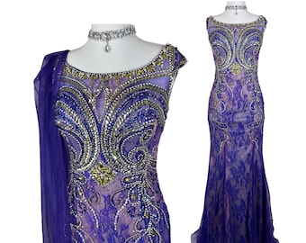 Vintage Purple Beaded Gown: Y2K Lace Evening Dress, Crystal Mermaid Maxi Formal Prom Dress