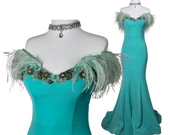 Vintage Turquoise Mermaid Dress Feather Off Shoulder Strapless Evening Gown Y2K Prom Dress Fitted Maxi Dress With Train