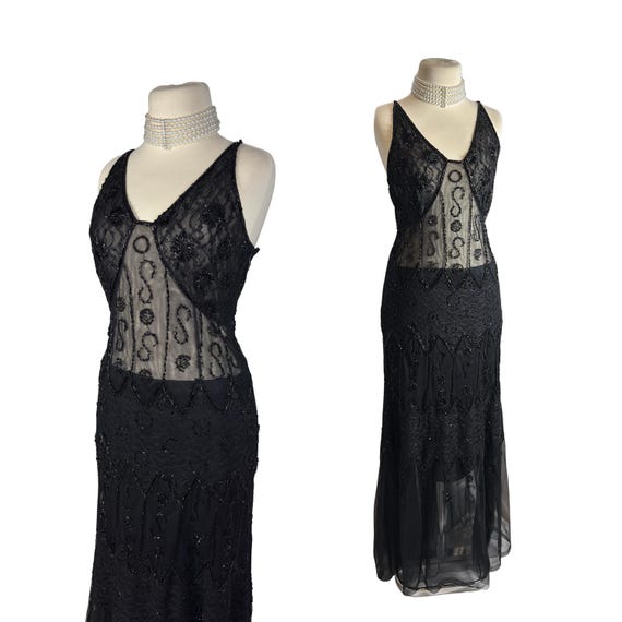 beaded sheer mesh dress Vintage Black 2 Piece Set Transparent Overlay Evening Gown Gothic Y2K Formal Beaded Tulle Maxi Dress Length Neckline maxi kaftan Slit Glamorous Lace Black Color:Ochre