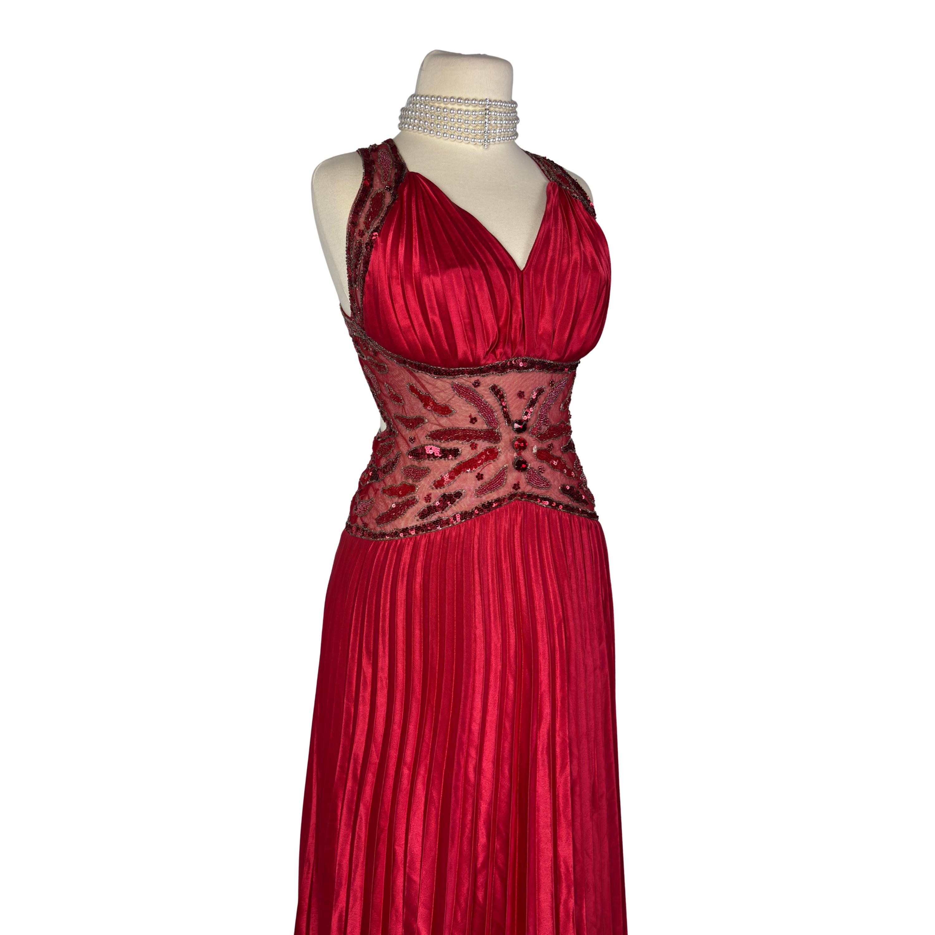 Vintage Red Pleated Evening Gown Sheer Beaded Mesh Waist Transparent ...
