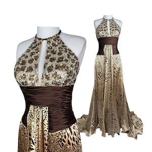Vintage Leopard Print Halter Dress Sequin Top Y2K Maxi Gown Animal Print Evening Dress Backless Formal Dress Statement Piece