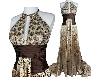 Vestido halter con estampado de leopardo vintage, top de lentejuelas, vestido largo estilo Y2K, vestido de noche con estampado animal, vestido formal sin espalda, pieza llamativa