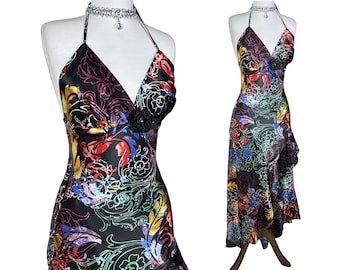 Vintage Y2K Floral Satin Halter Maxi Dress Colorful 90s Open Back Slip Dress Fairycore Evening Gown Artsy Print Party Dress