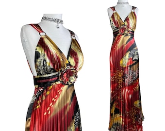 Vintage Y2K Red Pleated Maxi Dress Backless Deep V Floral Satin Evening Dress Prom Gown Boho Luxe Festival Goddess Dress